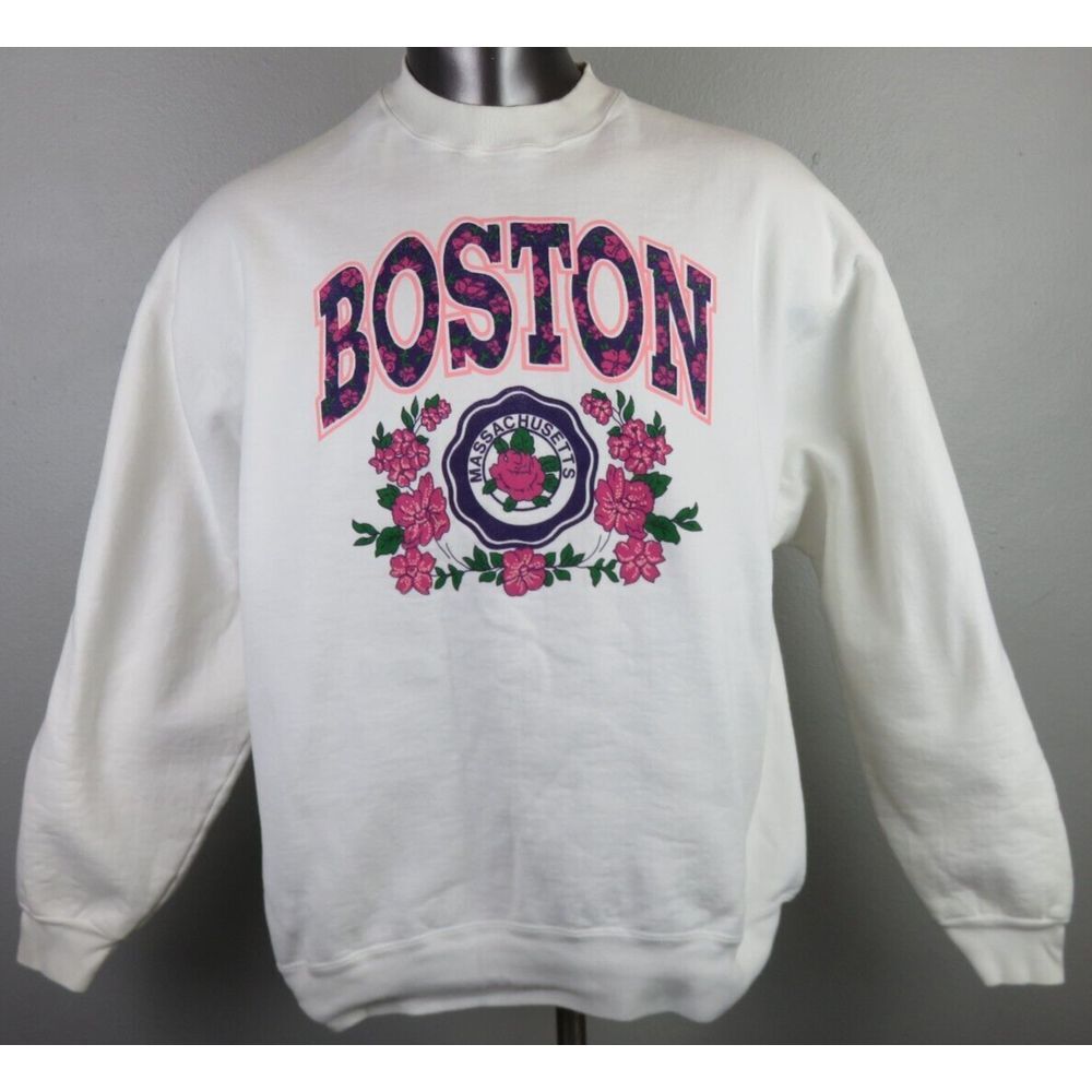 Mens Boston Massachusetts White Crewneck Sweater‎ Supercotton Size XL Vintage